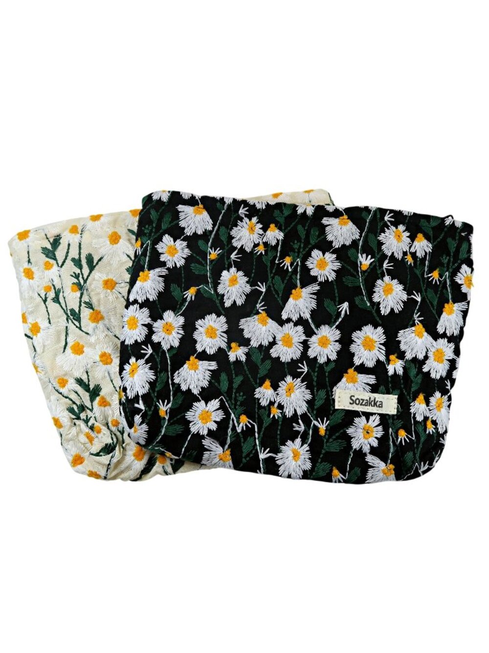 Sozakka Embroidered Daisy Makeup Bags, Set of Two, Zip Top, 9x7 Polyester